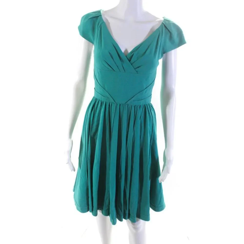 Zac Posen Womens Silk Short Sleeves V Neck A Line Dress Turquoise Blue Size 4 - Picture 1 of 7